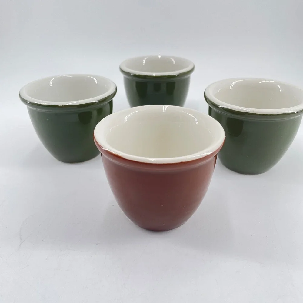 Hall China Vintage Custard Cups Ramekins Set of 4 Green Brown USA Stoneware